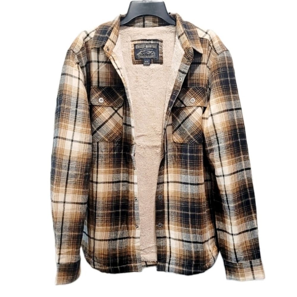 Grizzly Mountain Men's M Sherpa Lined Flannel Shirt Jacket Shacket Brown Plaid